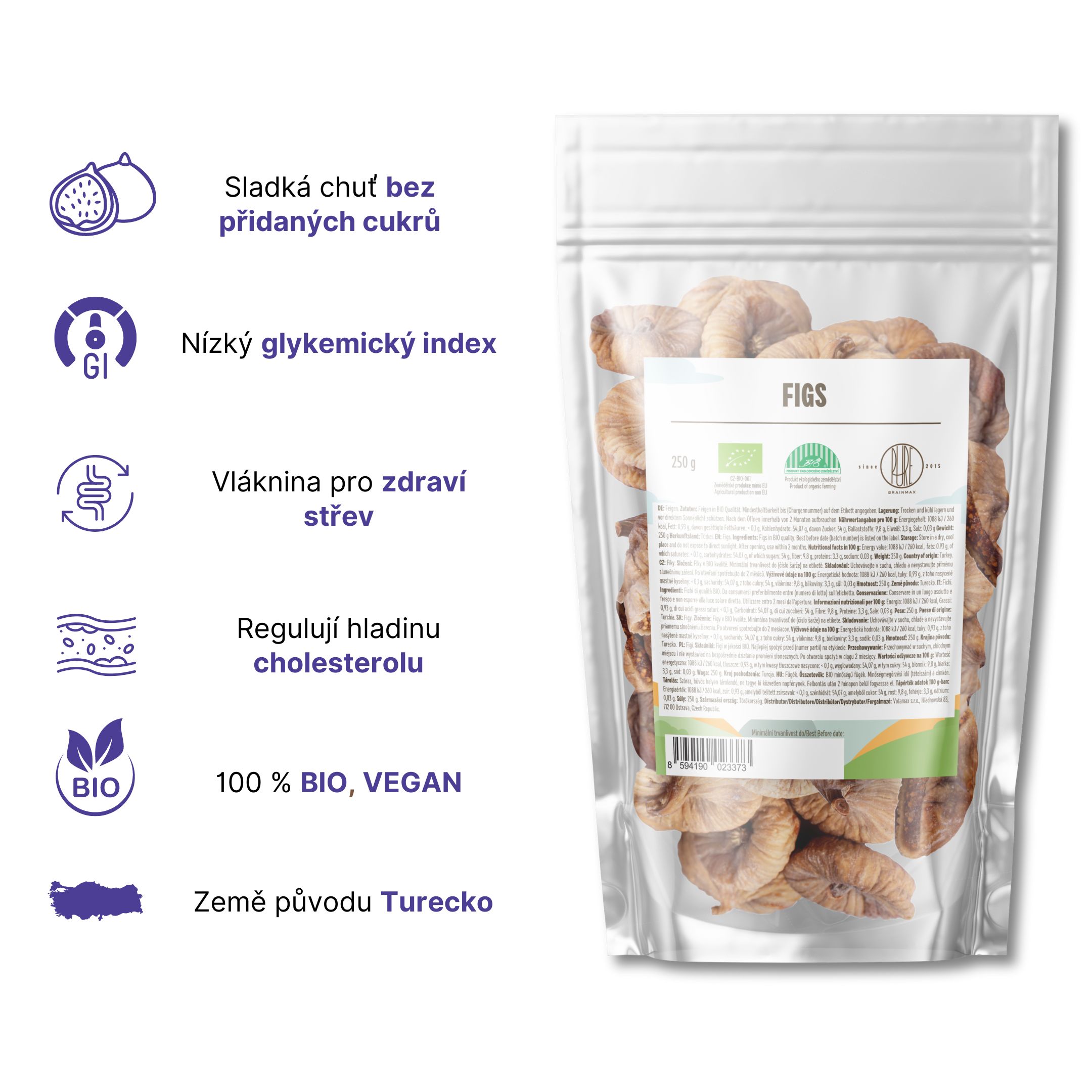 BrainMax Pure Fíky sušené - celé BIO, 250 g
